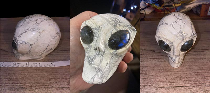 Howlite with Labradorite Eyes Alien Skull